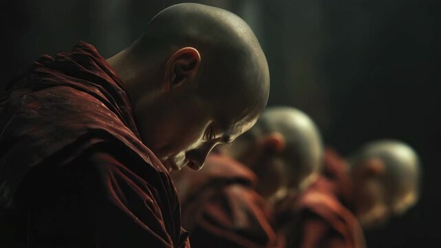 Monks weep silently in a dimly lit space, embodying deep sorrow and reflection. Their serene expressions evoke a profound sense of loss and spiritual contemplation.