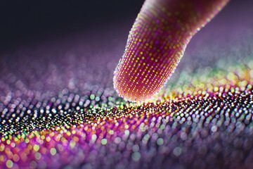 A close-up view of a finger touching a screen of tiny colorful dots, representing technology and innovation