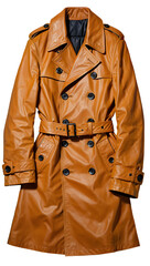 Naklejka premium Tan leather double breasted trench coat with black buttons and belt isolated on a transparent background