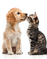 Golden Retriever Puppy and Tabby Kitten Nose to Nose