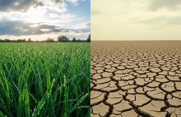 Split-Screen of Rainfall Nourishing Lush Green Field and Opposite Side Showing Cracked Earth Under Heat Depicting Climate Change Extremes