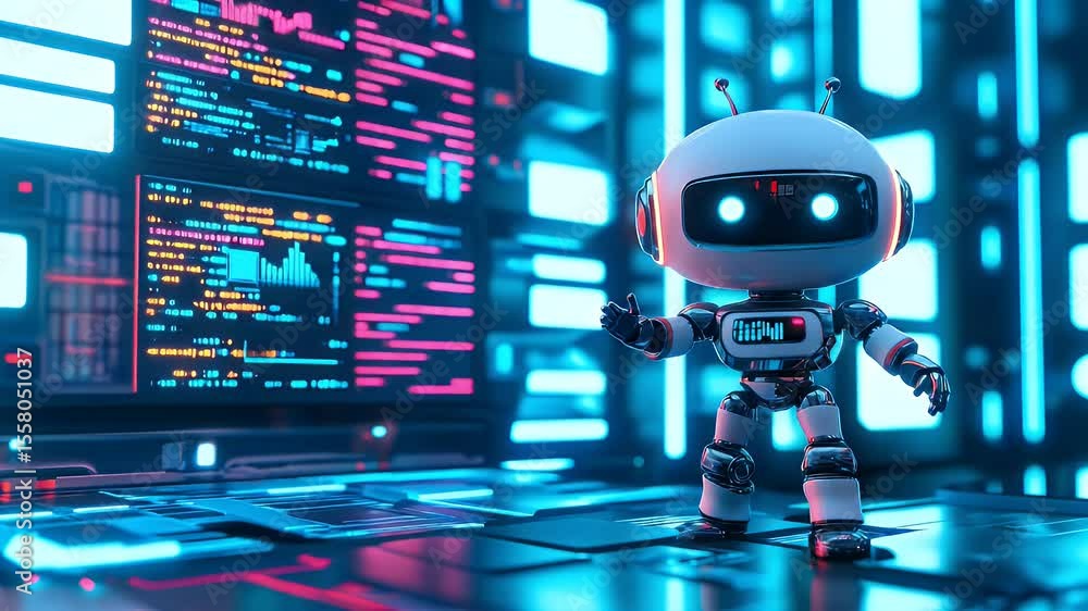 Poster futuristic robot in a digital server room