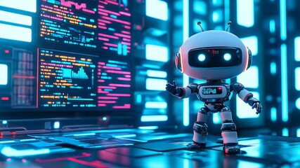 Futuristic robot in a digital server room - Powered by Adobe