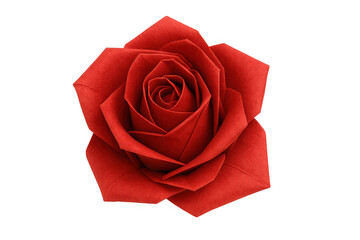 Beautiful handmade red origami rose unfolding its delicate paper petals, isolated on a transparent background
