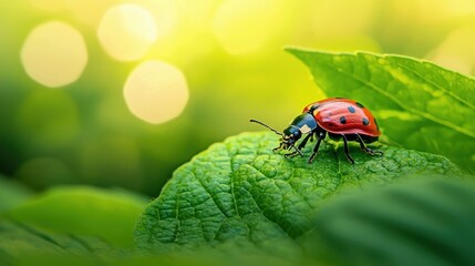 A red ladybug with black spots on a green leaf against a blurred green background.