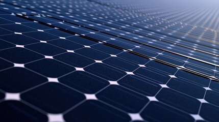 A close-up of a solar panel array with a blue and white gradient background.