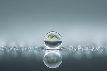 A captivating macro shot of a single water droplet with a breathtaking reflection. The droplet glistens, and it reflects the surrounding environment 