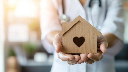 A doctor holding a wooden house with a heart cutout in it.