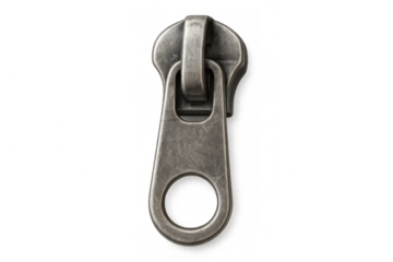 Metal zipper puller isolated on transparent background, ideal for graphic design projects related to fashion, clothing, or accessories