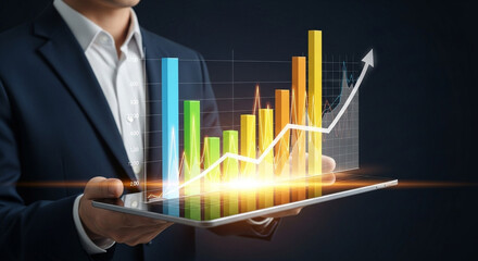 Man in suit holding tablet displaying colorful bar graph with upward trending line and arrow