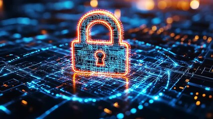 Digital lock symbolizing cybersecurity on a futuristic network background with glowing data connections - Powered by Adobe