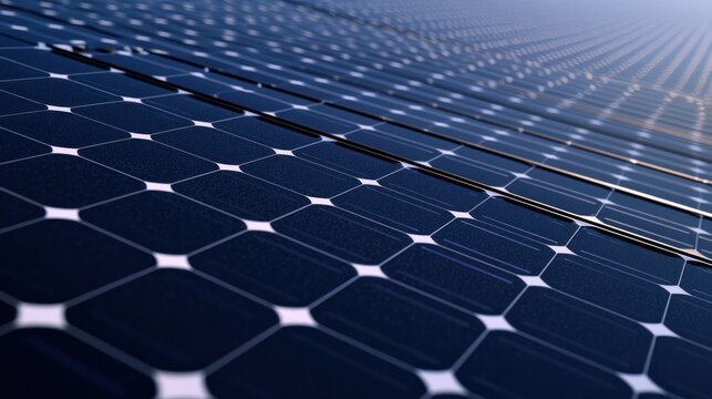 A close-up of a solar panel array with a blue and white gradient background.