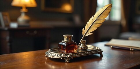 Elegant Polished Metal Inkstand with Intricate Feather Design A Vintage Writing Desk Accessory for Study or Office
