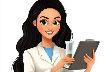 Smiling Female Scientist in White Coat Holds Clipboard and Test Tube