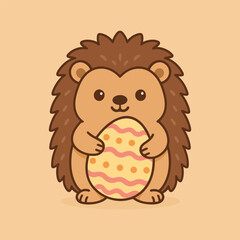 Cheerful Hedgehog holding Easter Egg This adorable illustration depicts a charming hedgehog joyfully cradling a colorful Easter egg, set against a warm backdrop