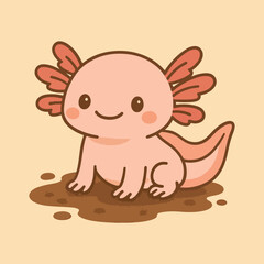 cute cartoon of a pink axolotl playing in the mud, with sparkling eyes and a charming smile
