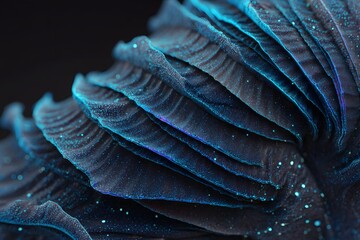 A stunning close-up of a deep blue and black mushroom with a delicate, textured surface. The play of light enhances the intricate details of the fungal form