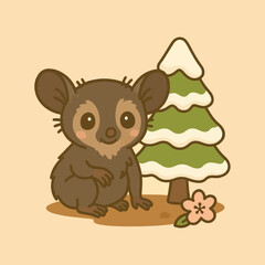 Cute cartoon aye-aye sitting relaxed beside a snowy Christmas tree, with sparkling eyes radiating an aura of cuteness.