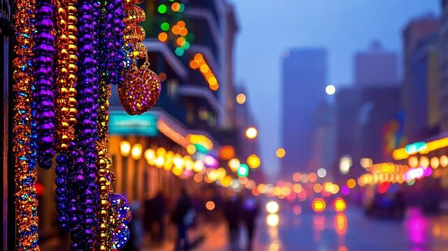 Colorful Mardi Gras beads hang in a lively city evening atmosphere.