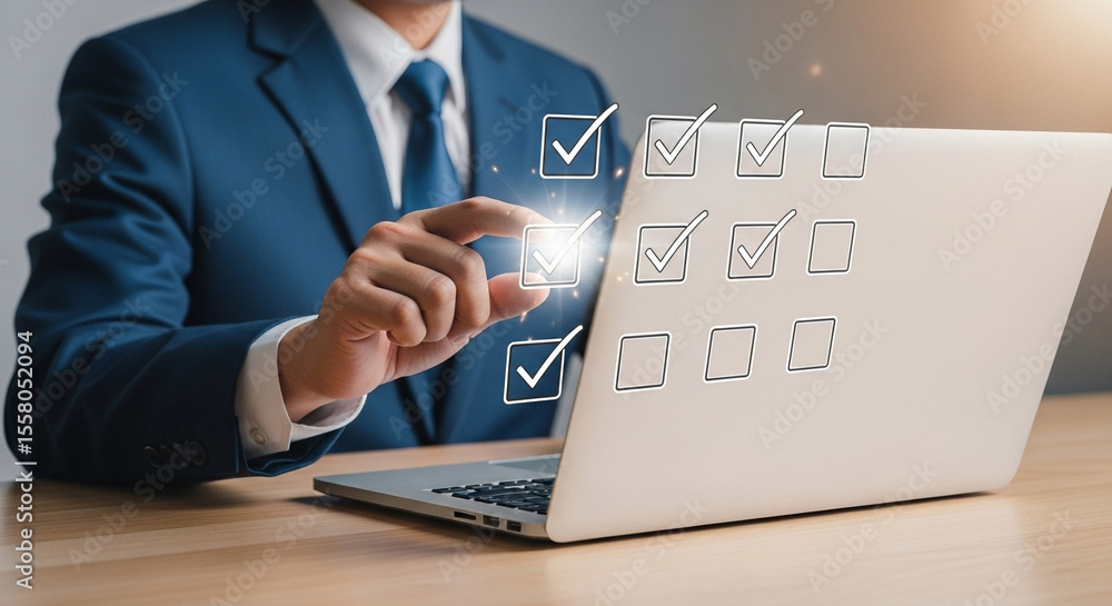 Poster a businessman completing a digital checklist on a laptop with a suit and tie in the office space