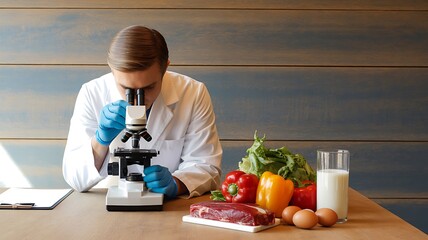 Scientist in lab coat examining food samples under a microscope with fresh produce