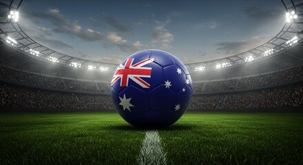 Australia Flag on Soccer Ball on Field in the Stadium, Symbol of Football Competition and National Pride. International Football Match