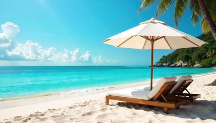 Obraz premium Tranquil Beach Escape Luxurious Beds Under Shade, Perfect Summer Vacation