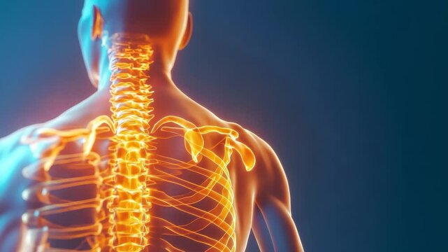 Human anatomy illustration of upper body skeleton with glowing spine, ribcage, shoulder, neck, and back muscles, medical educational vibrant digital art, health science concept detailed structure