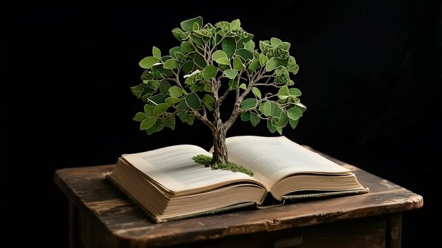 A symbolic and artistic collage-style image of a tree growing out of an open stack of books lying on a wooden desk. The books are slightly worn, symbolizing wisdom and knowledge. 