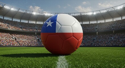 Chile Flag on Soccer Ball on Field in the Stadium, Symbol of Football Competition and National Pride. International Football Match