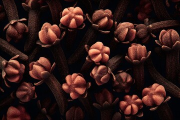Cloves arranged closely together, creating an artistic display of natural spice. A detailed macro view shows the cloves