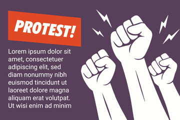 Protest concept with raised fists and power symbols for activism, revolution, demonstration, resistance, or political movement