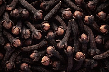 An overhead shot of a pile of clove, showcasing their intricate details and rich texture