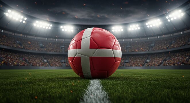 Denmark Flag on Soccer Ball on Field in the Stadium, Symbol of Football Competition and National Pride. International Football Match - Powered by Adobe