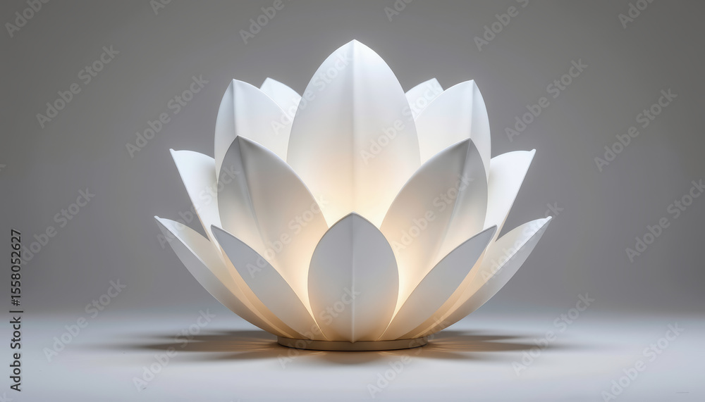 Poster white lotus shaped lamp glowing softly with translucent petal design on neutral background creating 
