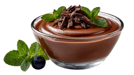 Rich chocolate mousse dessert in a glass bowl garnished with chocolate shavings mint leaves and a blueberry isolated on transparent background