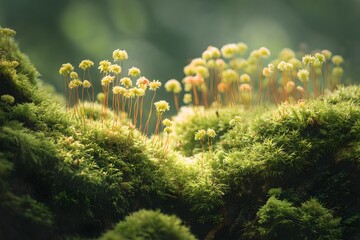 Close-up view of vibrant green moss with tiny, delicate flowers blooming