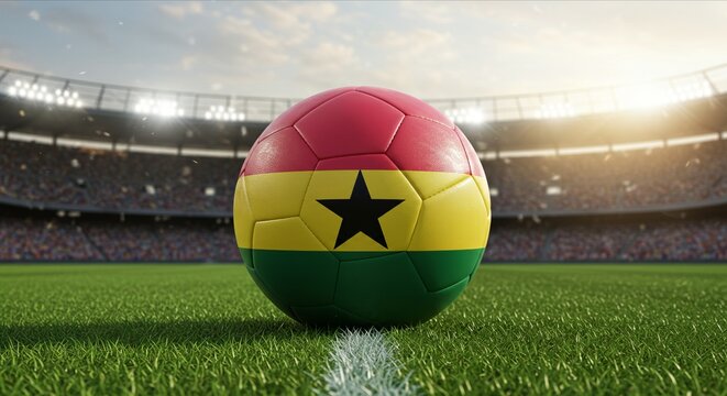 Ghana Flag on Soccer Ball on Field in the Stadium, Symbol of Football Competition and National Pride. International Football Match.