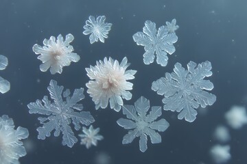 Close-up shot of several unique snowflakes, each with intricate crystalline structures, floating against a blurred blue background.