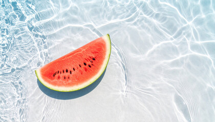Close-up of a slice of watermelon against a cool water background.