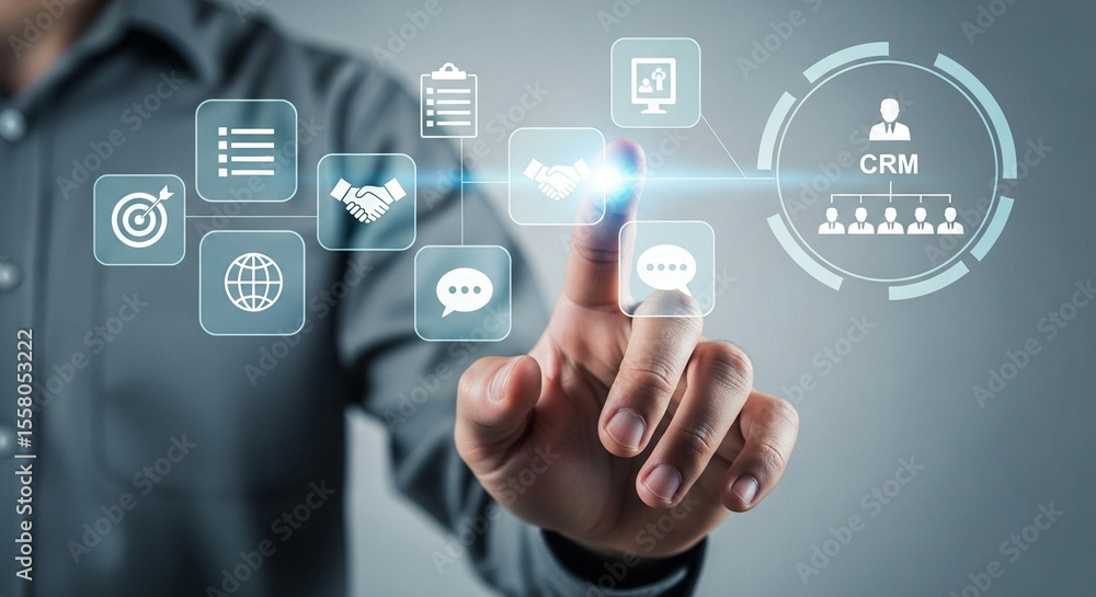 Poster Man using digital interface with crm icons and business related symbols for data management system