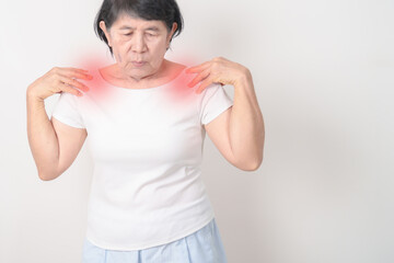 Elderly Woman having Shoulder Pain for Muscle Inflammation and Sprain, Myofascial ache syndrome and...