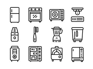 Collection of household appliances and personal care items in outline vector icon style design set up
