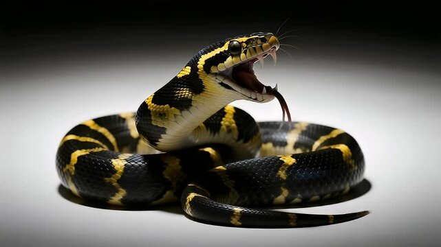 A gold ringed cat snake (Boiga dendrophila) in a defensive posture, its body coiled and head raised, mouth slightly open in a warning display. 
