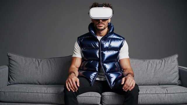 Handsome man relaxing with VR headset in shiny blue puffer minimalist sofa