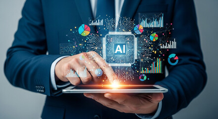 Man in suit using tablet with ai chip and data visualizations overlaying the screen technology concept