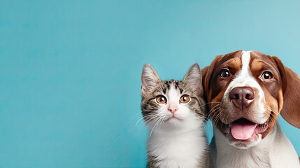 Curious Cat and Dog Peeking Together on Blue Background