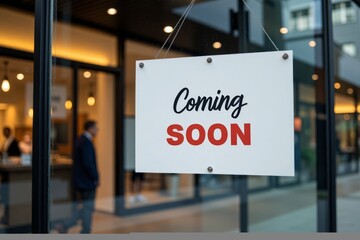 Coming soon sign displayed on a storefront window.