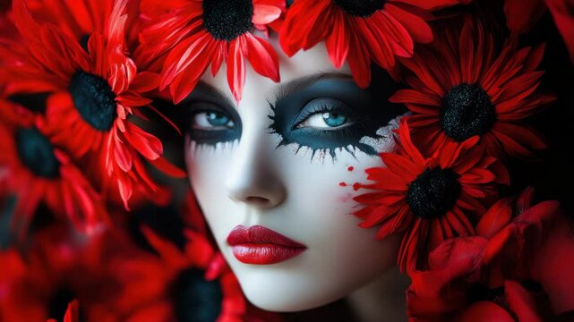 Woman portrait with dramatic black makeup, blue eye, red flower, fantasy beauty, creative floral headpiece, intense gaze, artistic and mysterious expression, captivating closeup, surreal and vibrant - Powered by Adobe