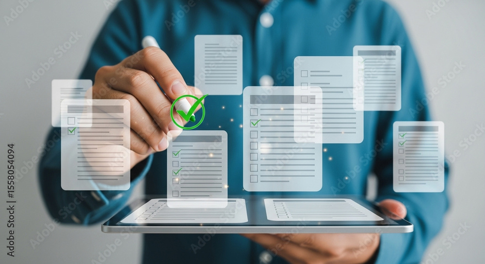 Poster Person using a tablet with floating checklist documents and a green check mark hovering above it